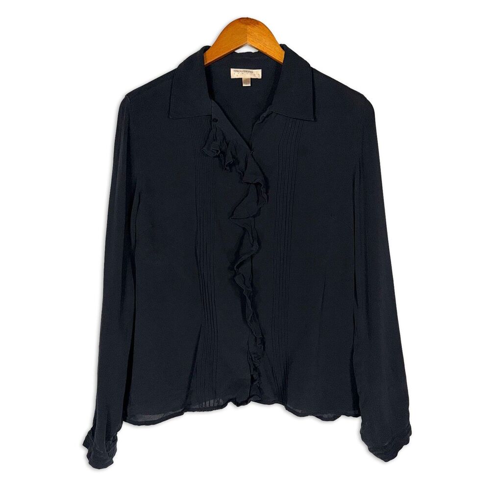 Trousers Etc New York Black Silk Ruffle Blouse Pintuck Snap Front Size 10 Y2K